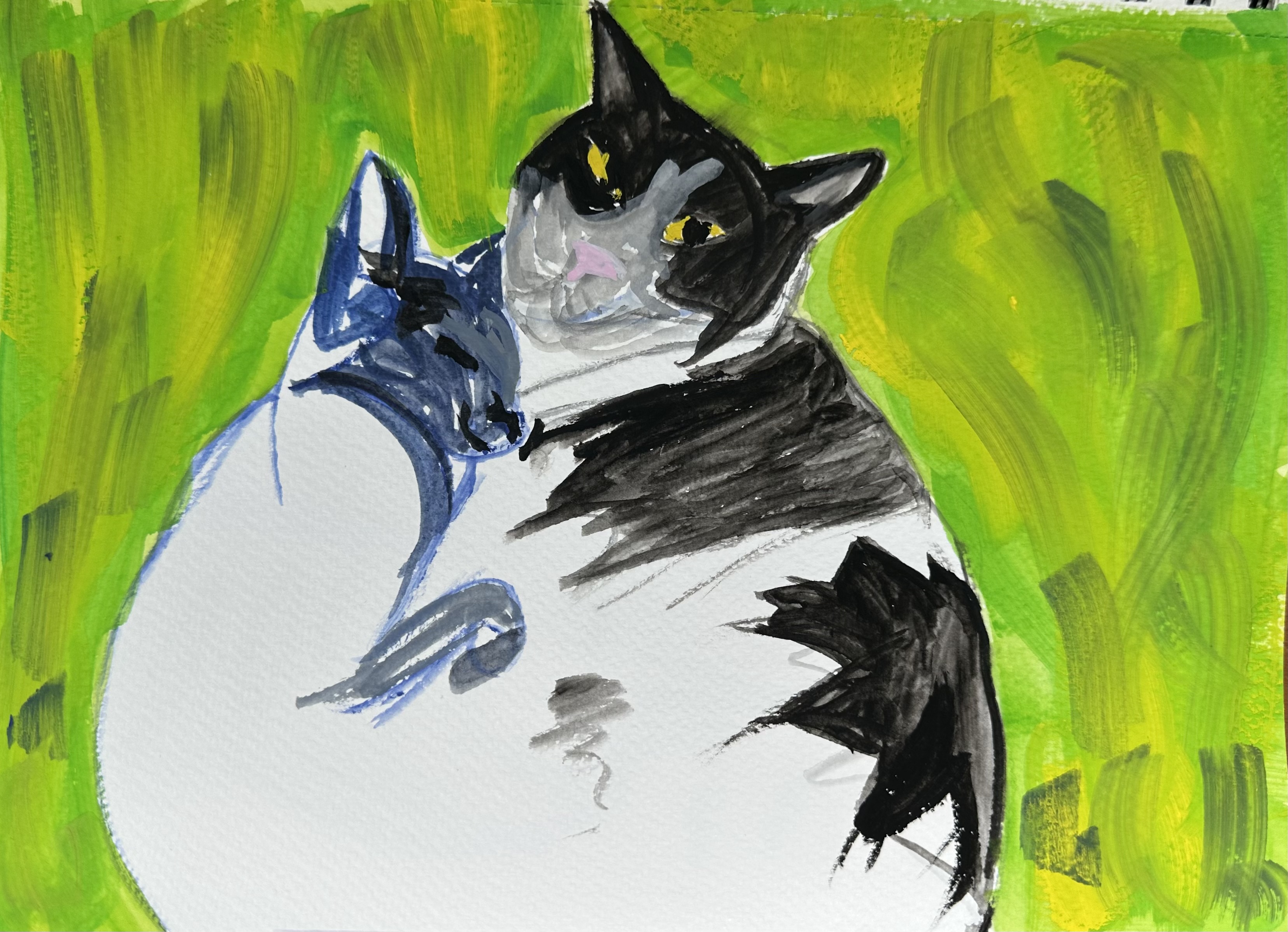 Two cats take up the center of the paper surrounded by abstract green colors. The cat on the right is bigger looking at the artist with yellow eyes. THey are mostly white with black splotches and a pink nose. The cat to the left is smaller and cuddling their face into the other cat. They are a grey-blue but most of the cat isn't painted, except for a paw curled between the other cat.