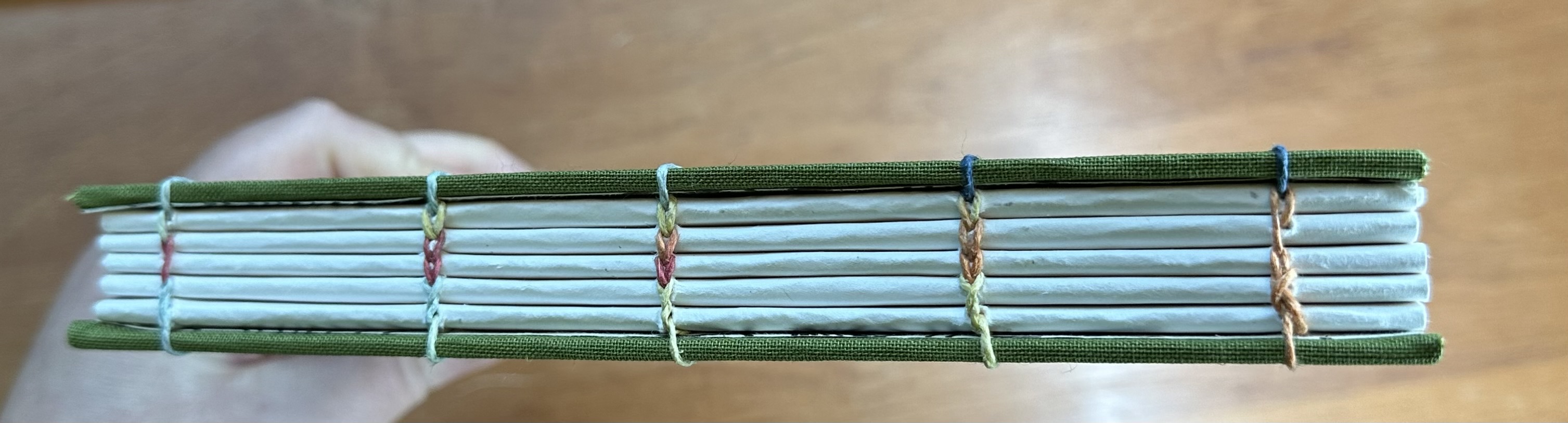 The spine of a copitc bound book. The groups of papers are seen and the rainbow tread connecting the book together is visible.
