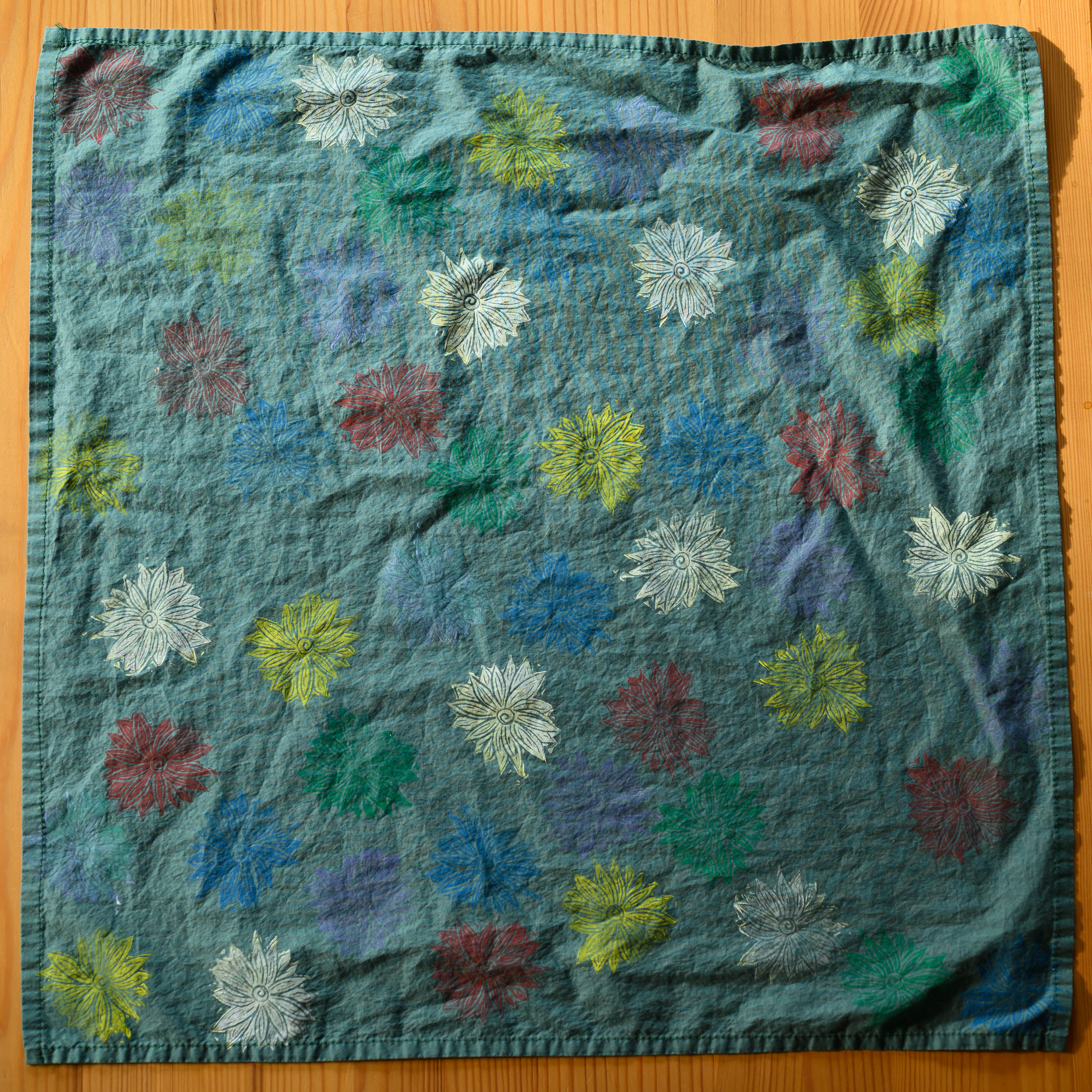A close up of a hunter green bandana from above covered in flowers. The flowers are all different colors.