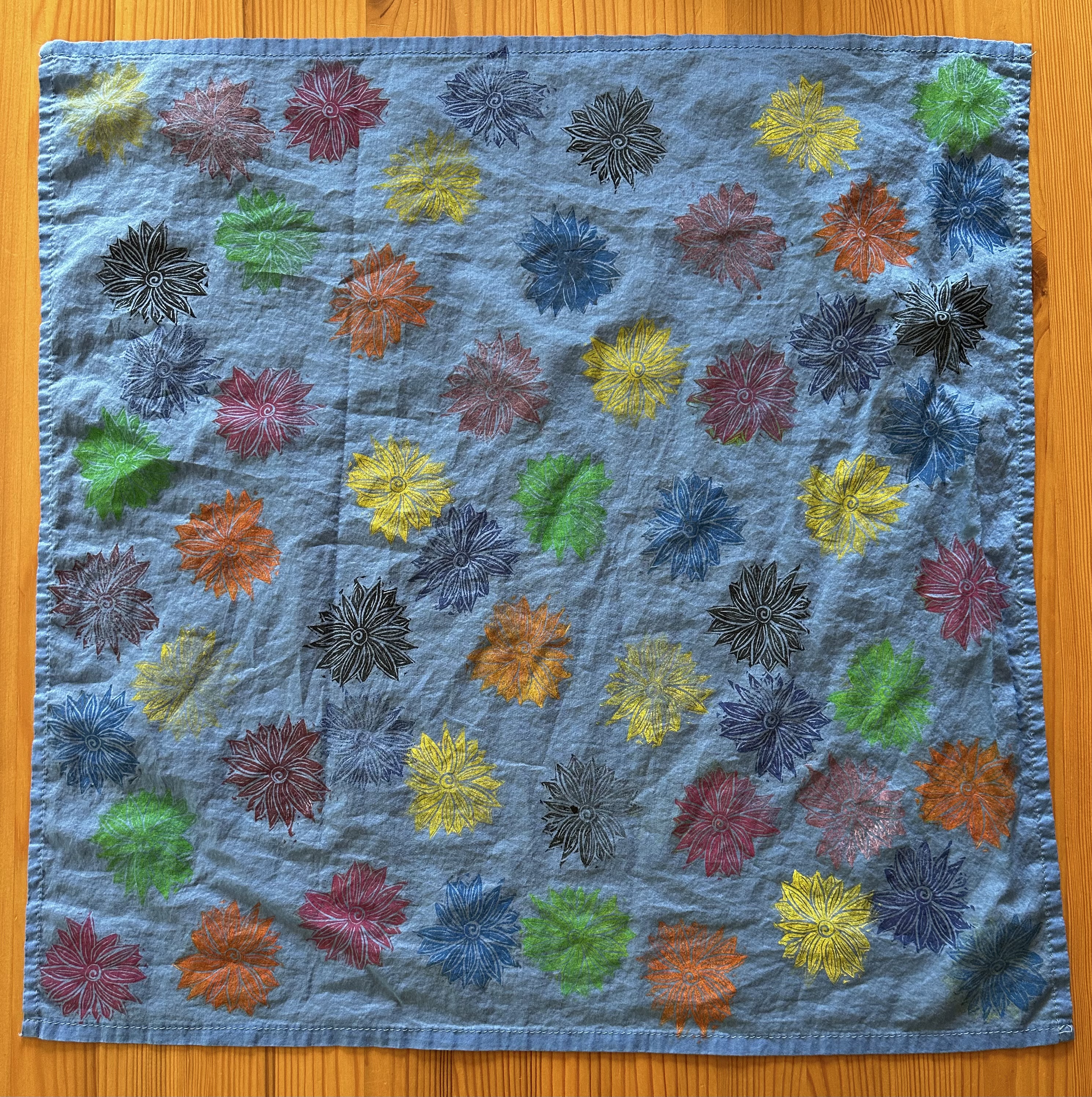 A close up of a dusky blue bandana from above covered in flowers. The flowers are all different colors.