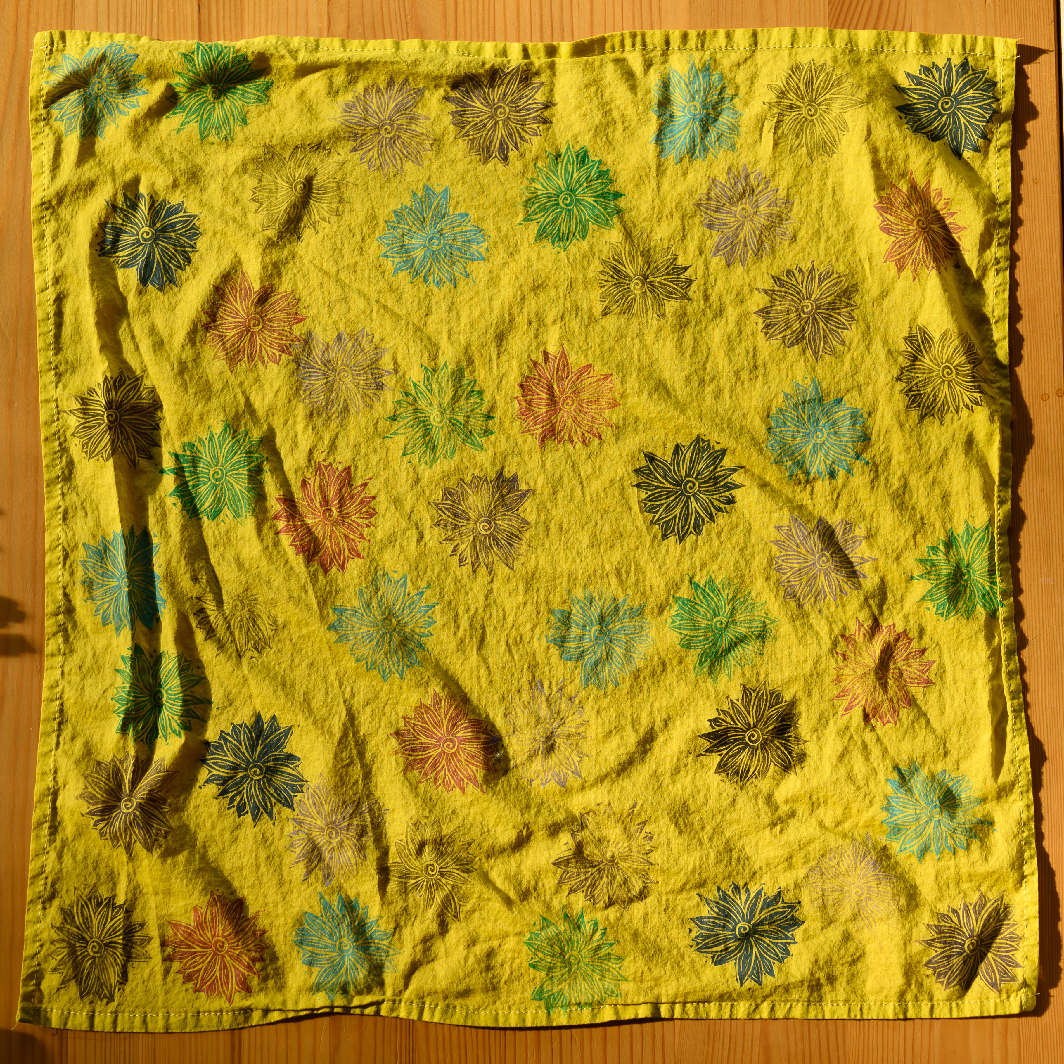 A close up of a mustardy yellow bandana from above covered in flowers. The flowers are all different colors.