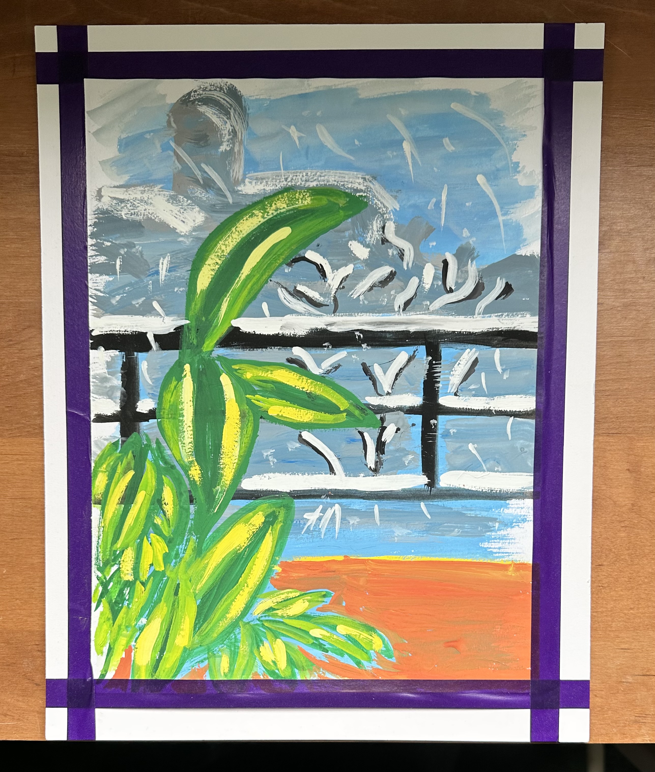 A painting with a shadowy domed building in the background as snow falls. In front of it is a railing, covered in snow. In front of that, as if inside away from the snow, is a plant in bright green and yellow. Beside it to the right is orange. The painting is surrounded by a border of purple tape.