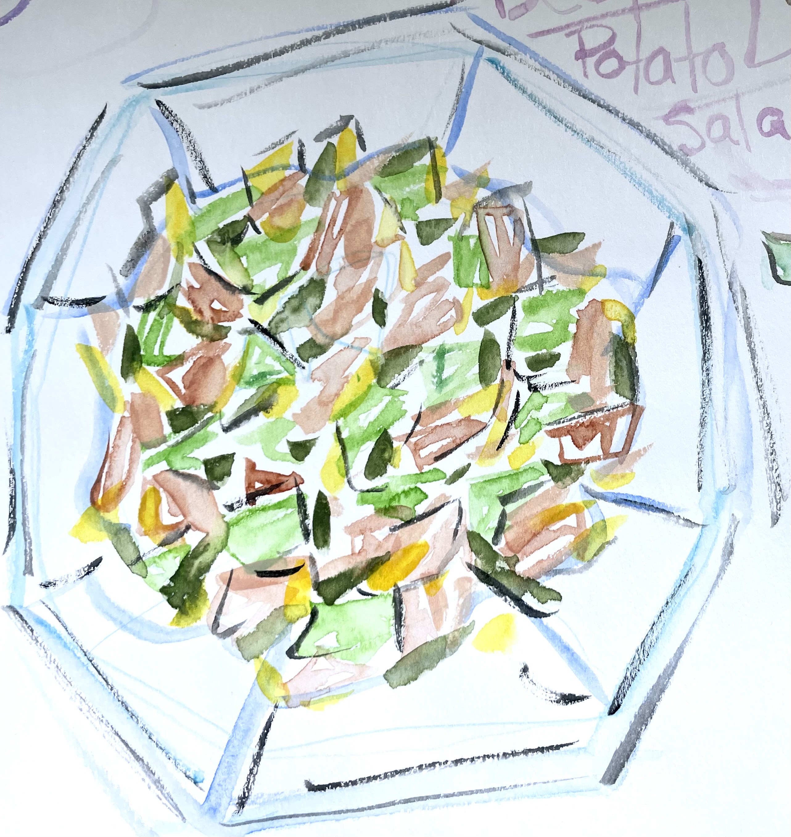A watercolor illustration of a hexagonal shaped bowl holding the salad. It looks like bits of green, brown, and yellow. 'Best Potato Salad' is written at the top right with two snap peas and a square that's supposed to be a potato.