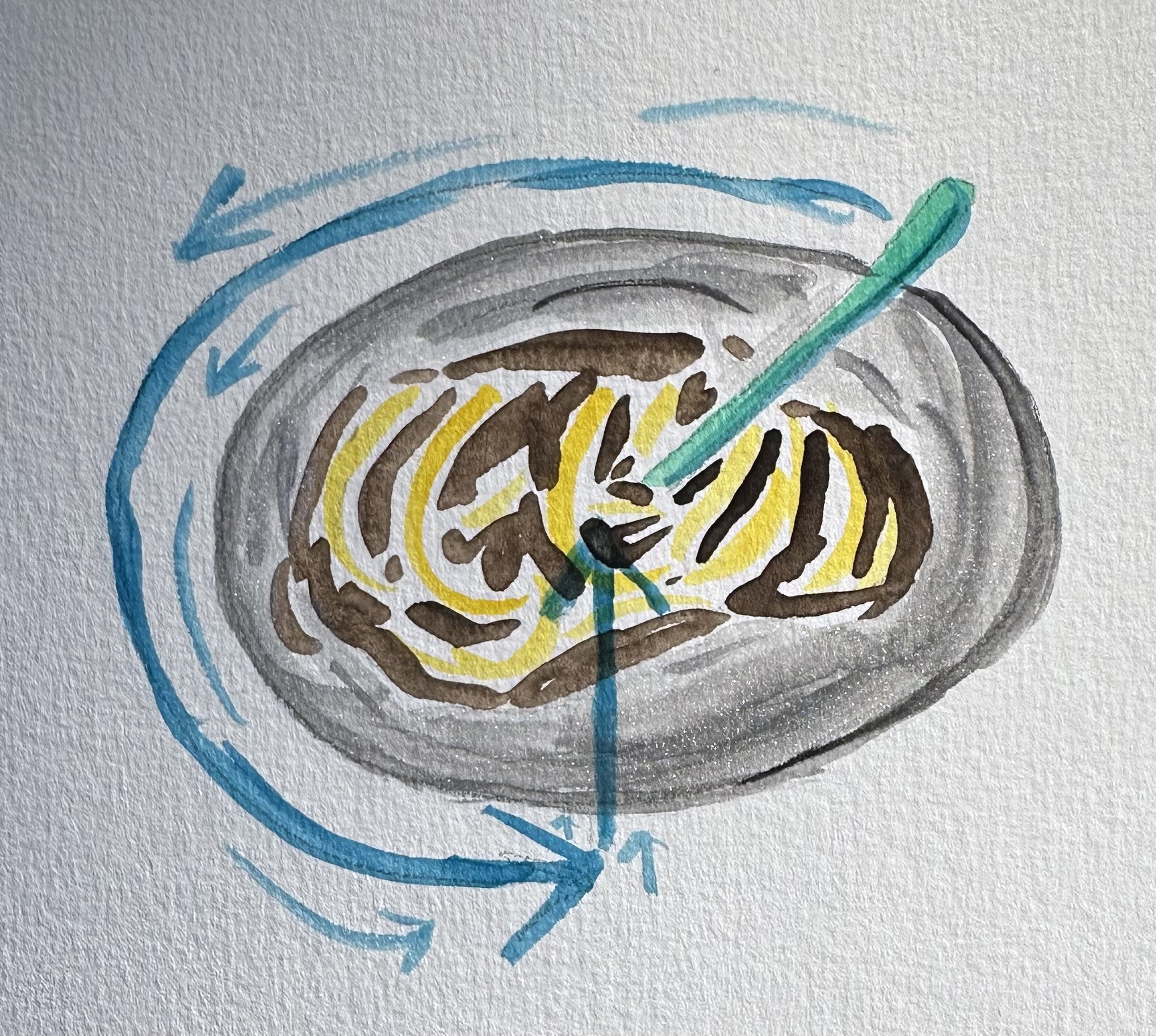 A watercolor illustration looking over a silver bowl with streaks of chocolate and eggs with a spoon in the middle. There are arrows going counter-clockwise from about 2pm to 6pm around the bowl and then some arrows pointing directly up through the bowl.