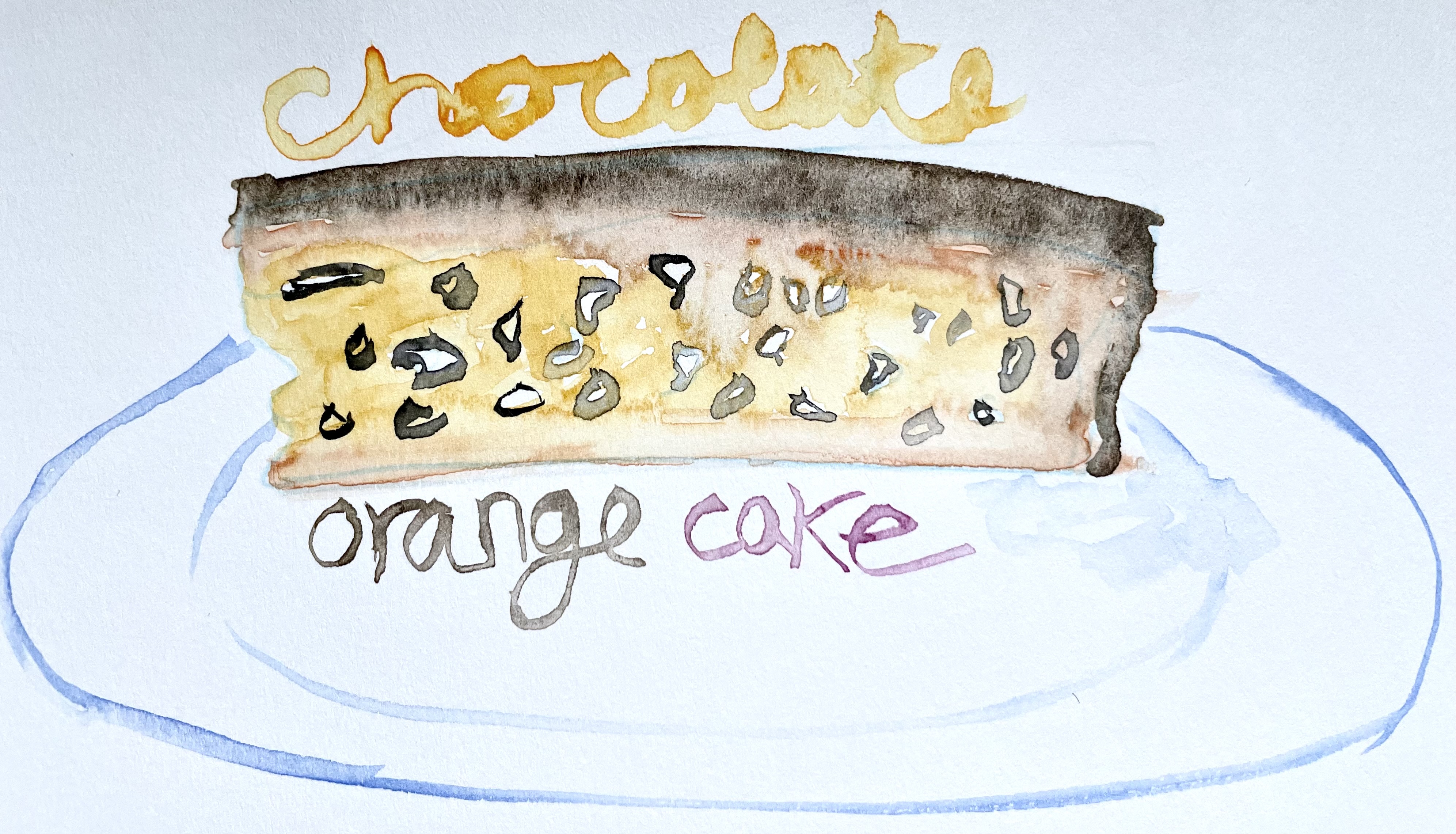 A watercolor illustration of a slice of chocolate orange cake. There's a layer of chocolate glaze on top with a yellow-y orange cake. There are shapes with black outlines within the cake signifying spongy-ness. Chocolate is writen on top in orange, orange is written below in brown, and cake is written beside orange in purple. It's sitting on an outline of a plate in blue.