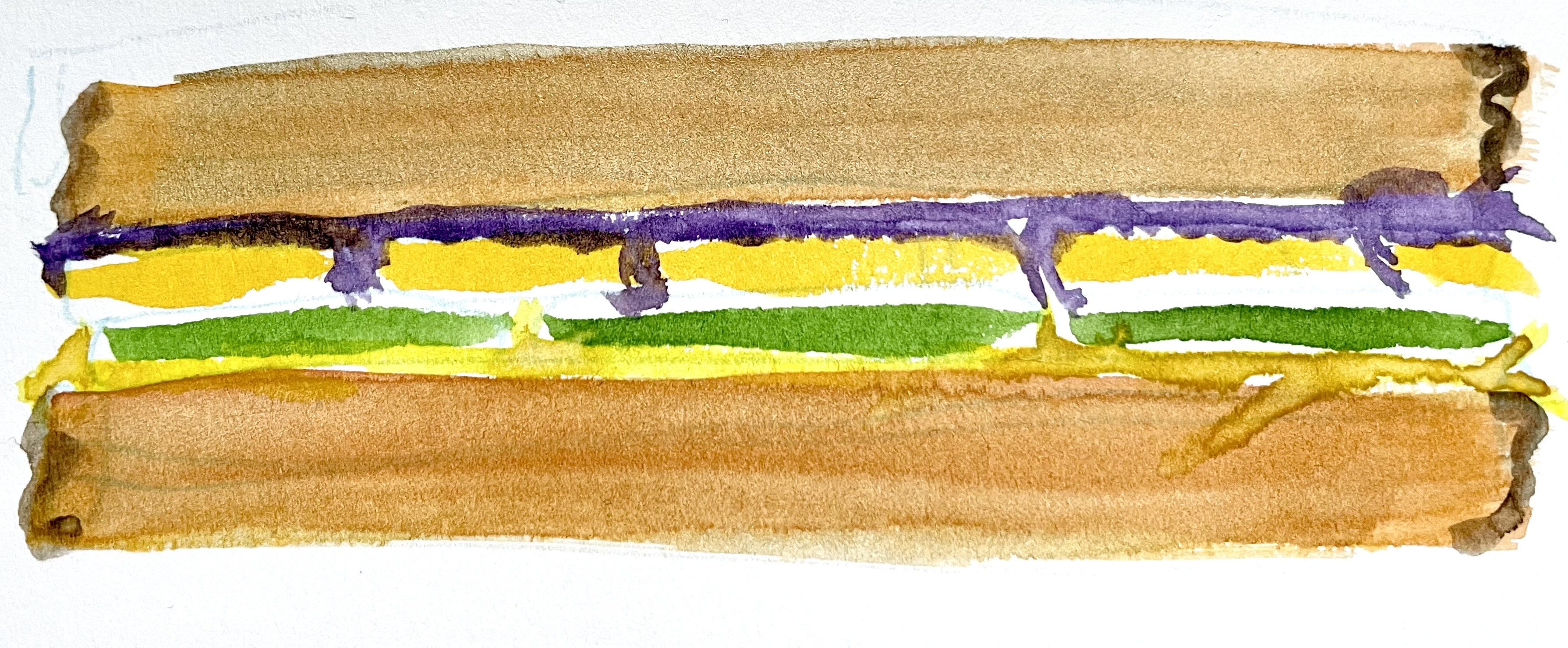 A watercolor illustration of the sandwich from the side, cut open. From the top, you can see a slice of bread, a smear of fig jam, slices of cheddar cheese, slices of cucumber, a layer of mustard, and the final piece of bread.