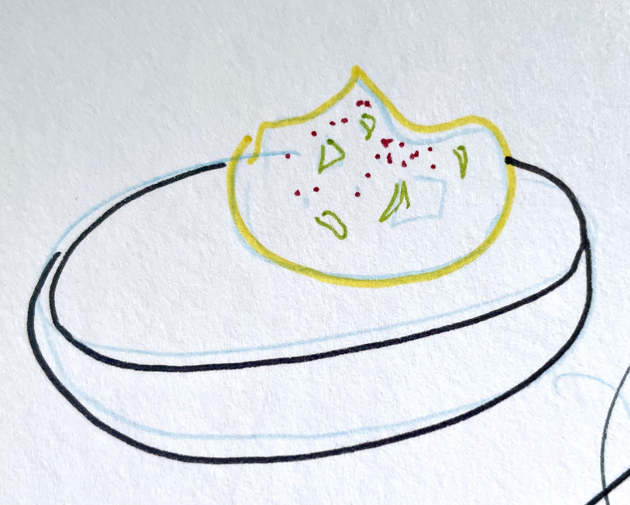 An illustration of a deviled egg done in marker. It's cut horizontally with a little dab of yellow egg yolk mixture in the center right of the egg white. The egg white is outlined in black, the yolk in yellow, with little green shapes to represent the relish and red dots to represent the spice topping.