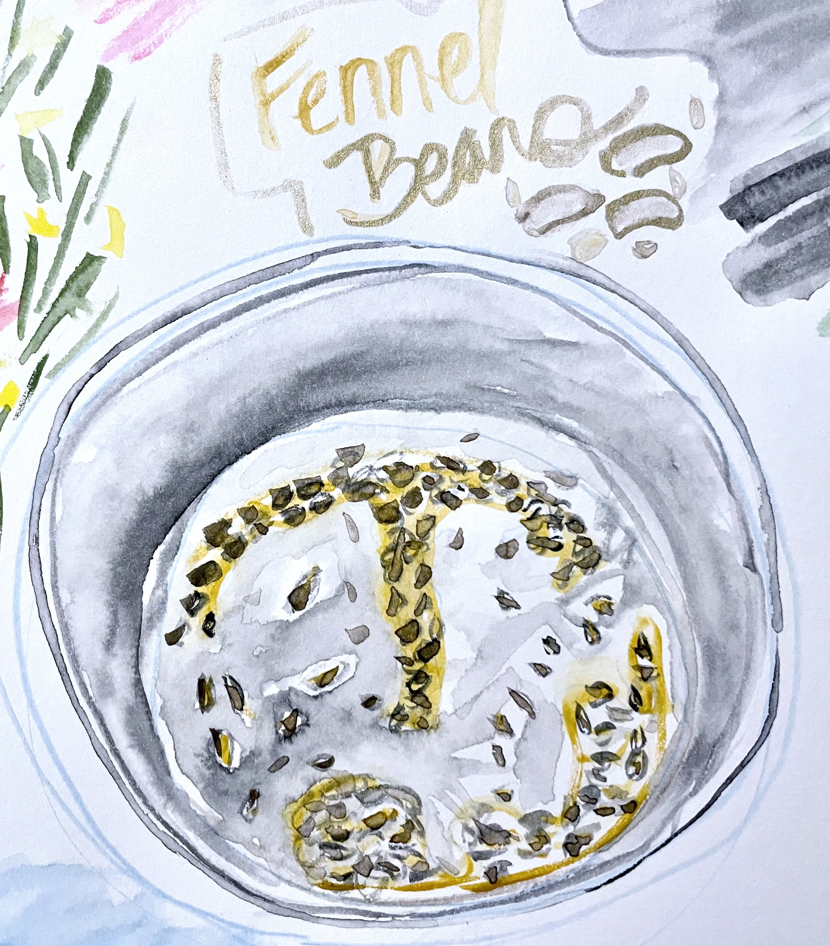A watercolor illustration like you're looking into a pot with the fennel seeds toasting. The top says 'Fennel Beans' with some beans and little things that are supposed to be the fennel seeds.