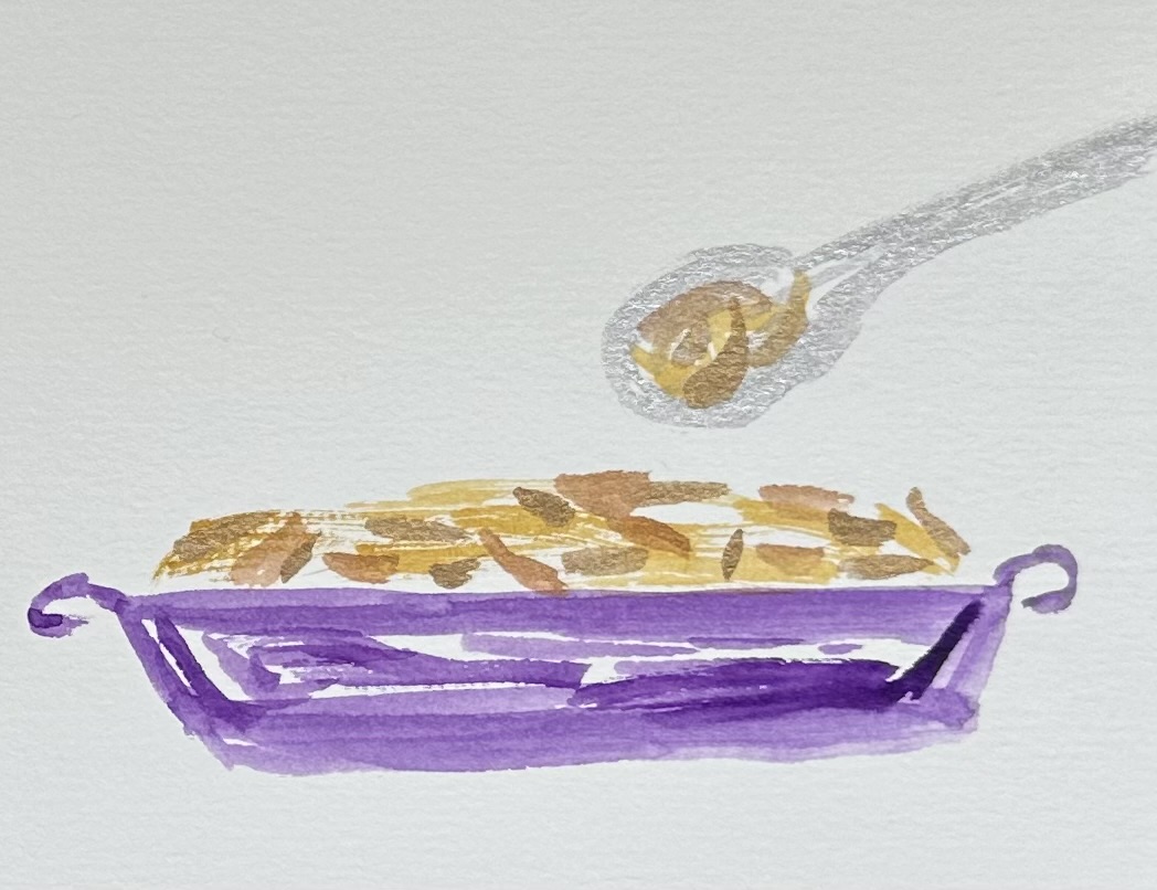 Watercolor illustration of a purple dish with handles that has a pile of stuff in it with varying shades of brown/beige. There's a spoon coming from the right with some of the brown/beige stuff in it.
