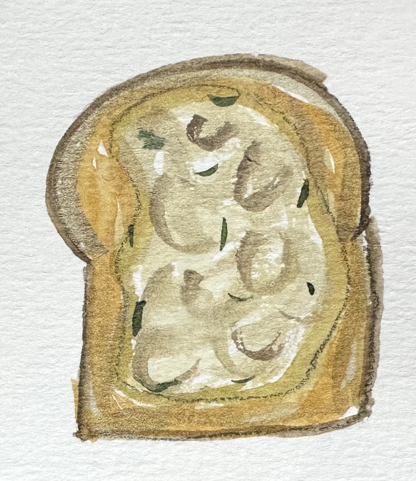 Watercolor illustration of the recipe. It's looking from above at a slice of bread. There's a slightly beige outlining the main whiter-but-still-beige blob that's supposed to represent beans. There are suggestions of the shape of beans and some flecks of green herbs.