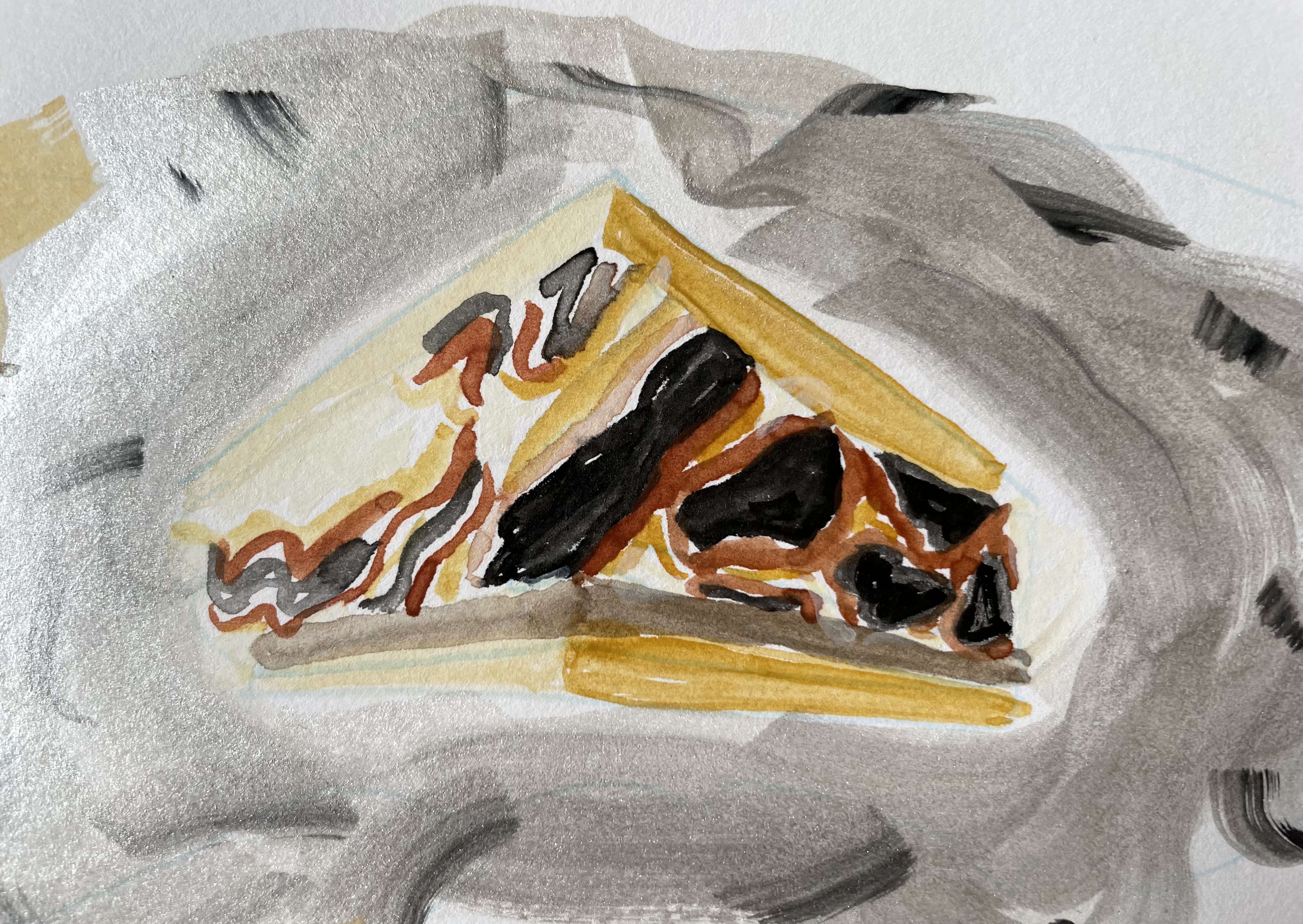A watercolor illustration of a finished grilled s'more surrounded by tin foil, looking at it from a corner of the s'more. You can tell the marshmallow is very burnt.
