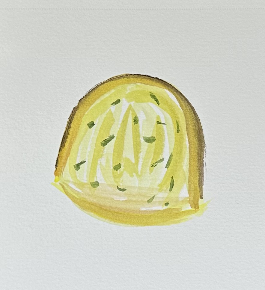 A watercolor illustration of a slice of the cake, in a bunt-pan shape of a slice. It has specks of green in a mostly yellow cake with a darkened line at the top as this is what would have touched the pan.
