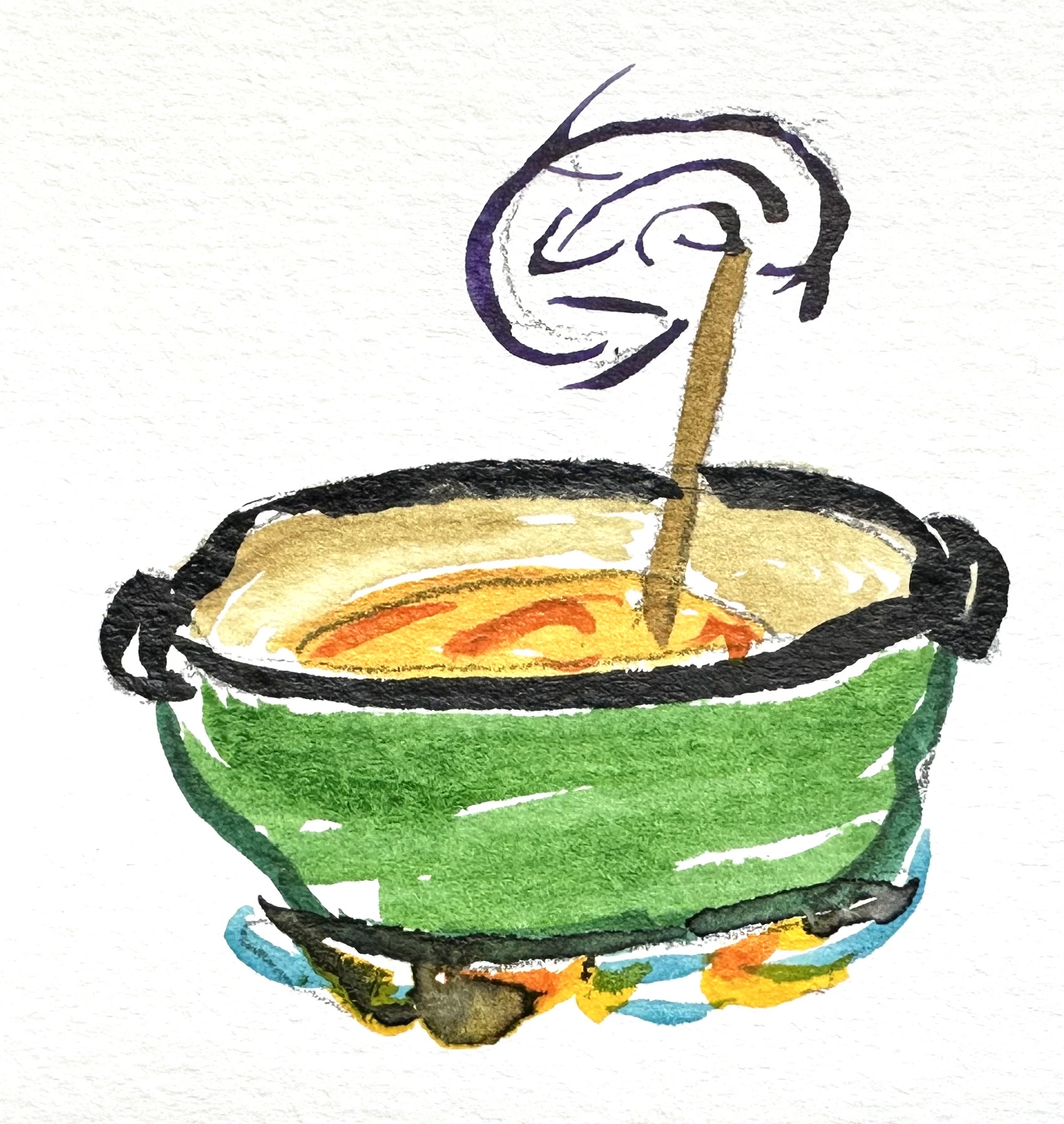 A watercolor illustration of a green dutch oven over gas flames with a wooden spoon in it, stirring something orange. There are little lines at the top of the spoon's handle to suggest stirring.