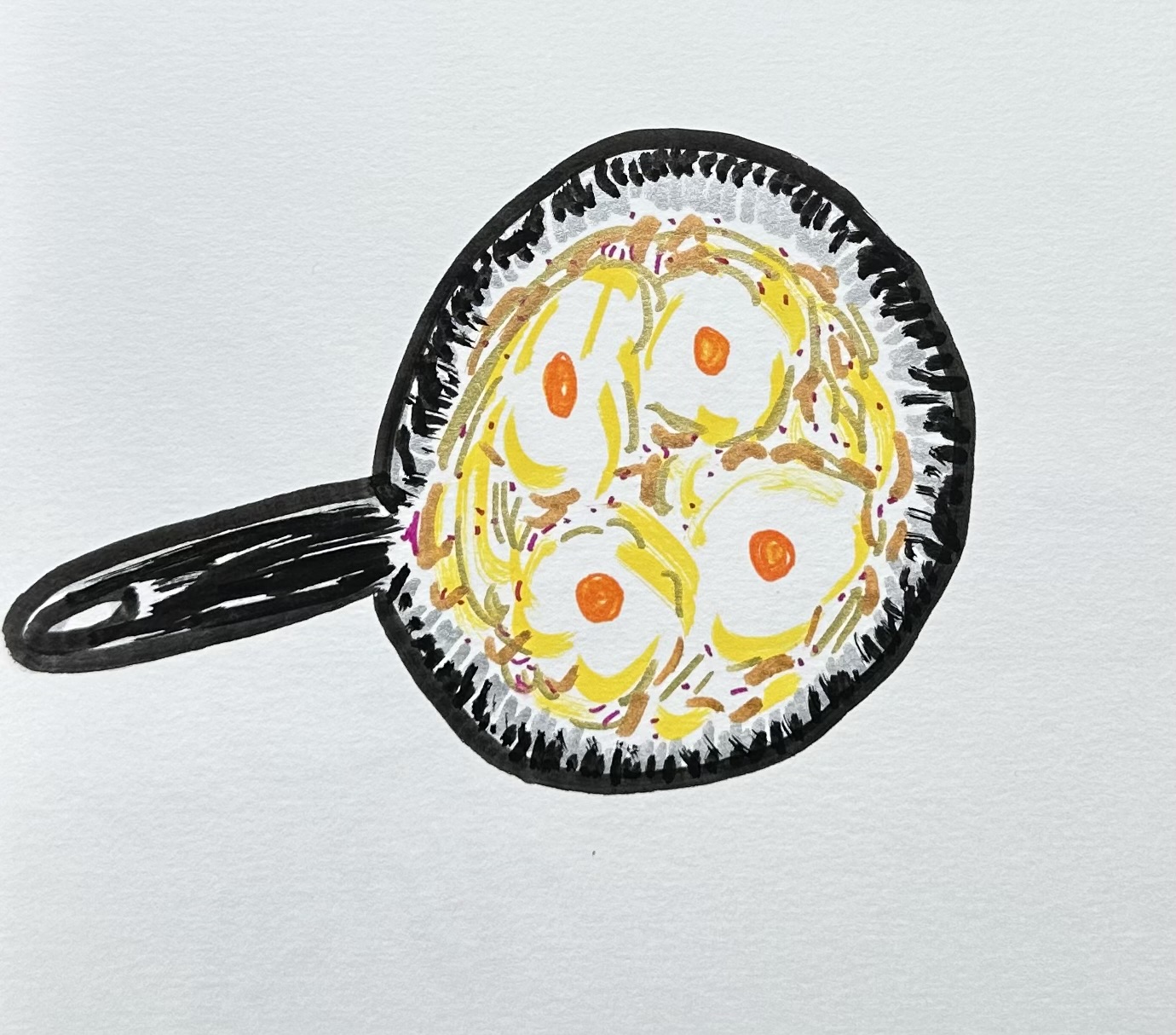 An illustration in marker of a frying pan from above. There are clearly 4 eggs in there, but what's around it is rather abstract mix of browns, yellows, red dots, golds, and bronze.