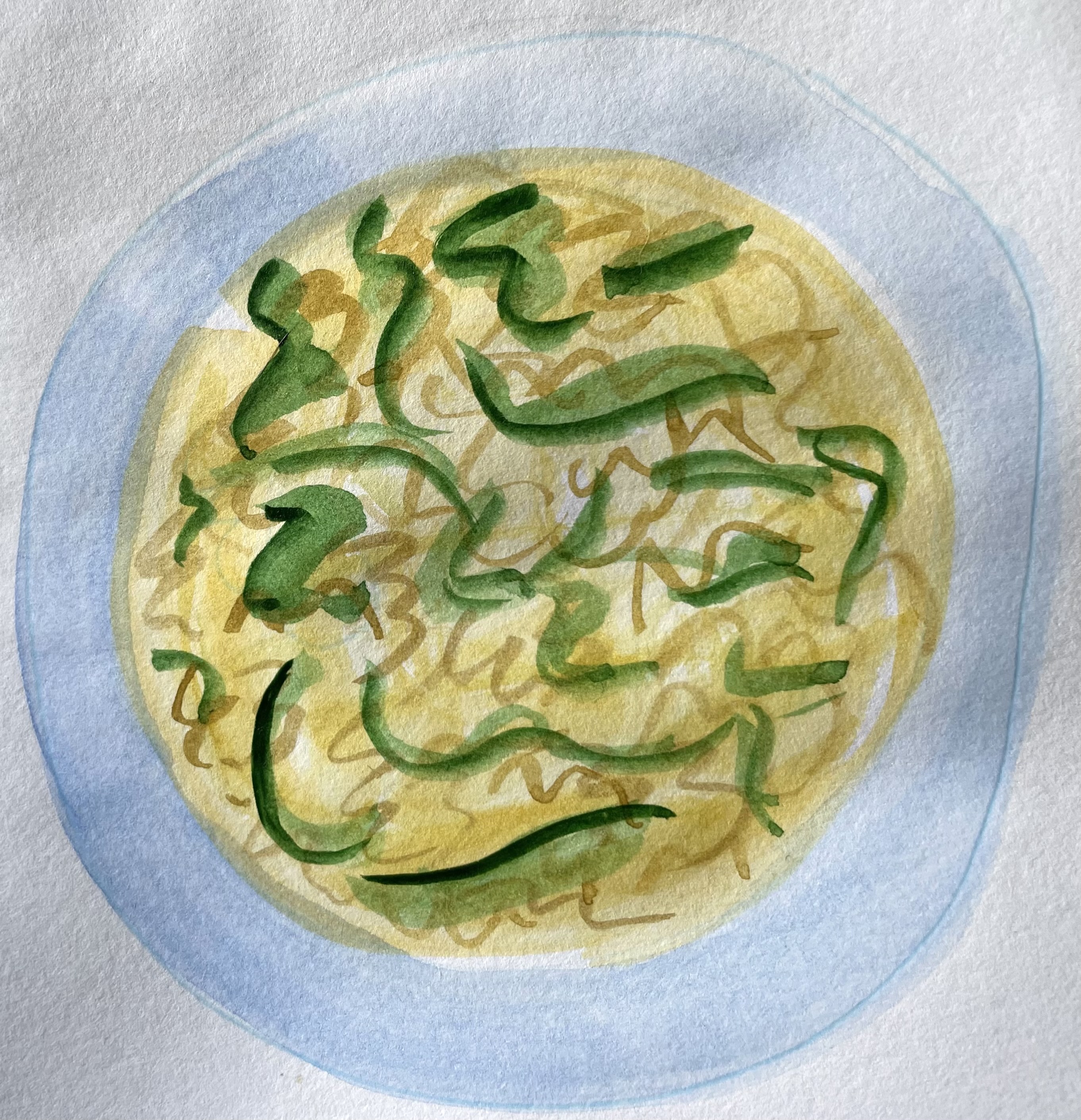 A watercolor illustration of a bowl of the mustard cream pasta from above. It's essentially a yellow-ish tan circle with some squiggles to represent the pasta and some shapes of green for the kale.
