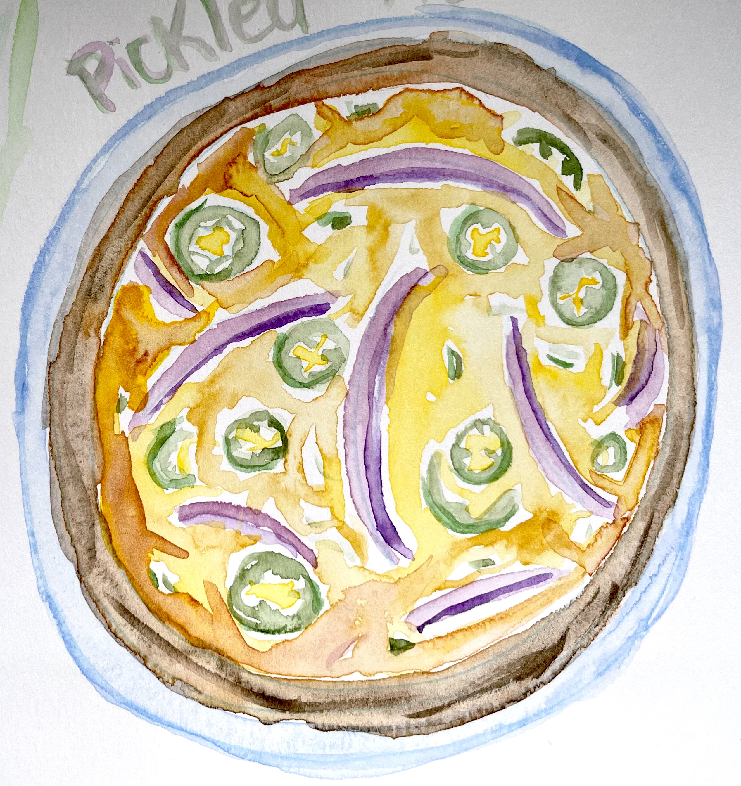 A watercolor illustration of the finished pie looking down at it from above. It's essentially a big yellow circle with some brown toasty spots and a brown crust, scattered with purple slivers of pickled red onion and slices of pickled jalapeno. At the top it says 'Pickled Pie.'