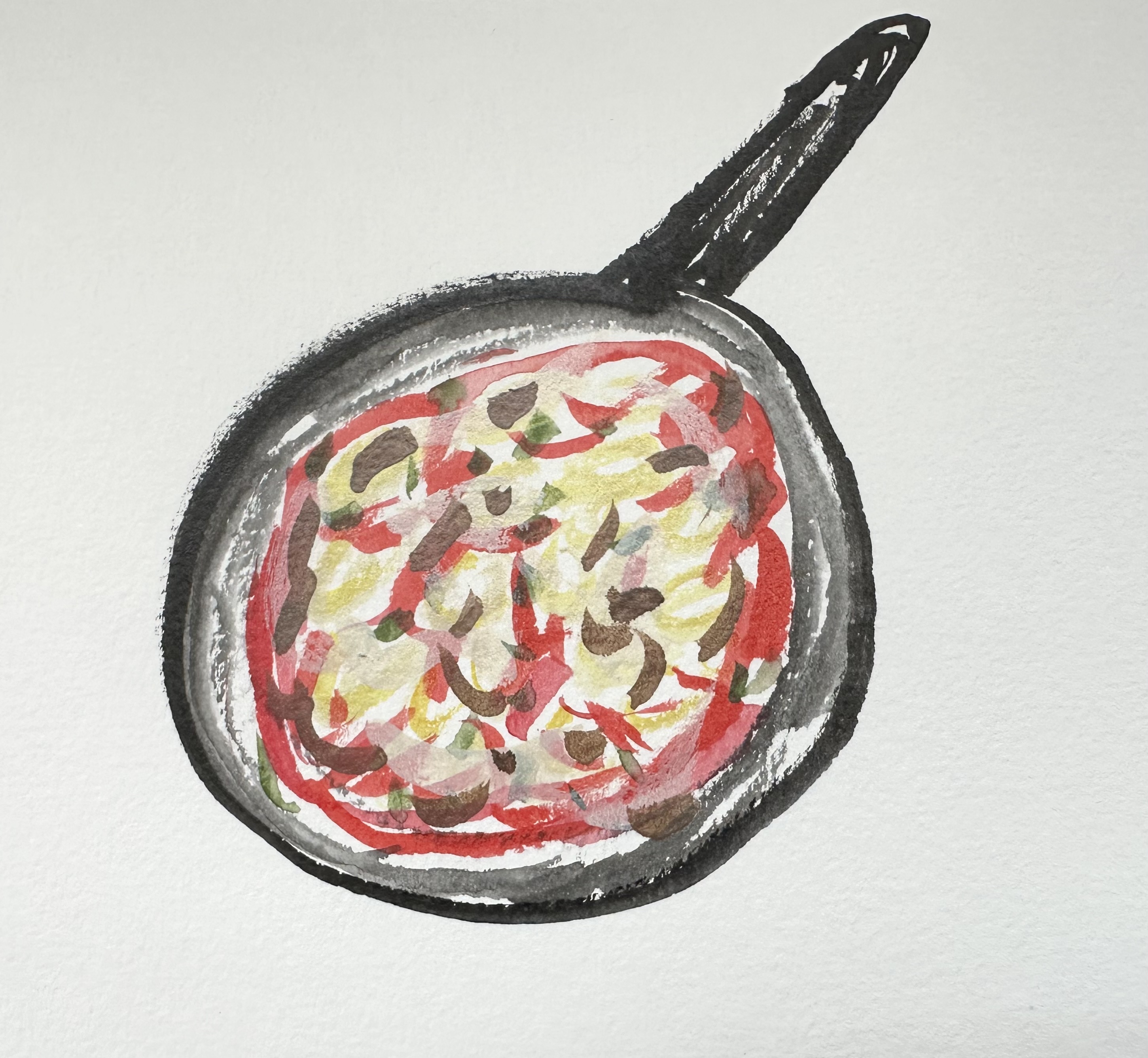 Watercolor illustration of a cast iron pan of pizza beans from above. There is little detail of what's in the pan - it's a mix of red sauce and beige and brown things with a few specks of green.