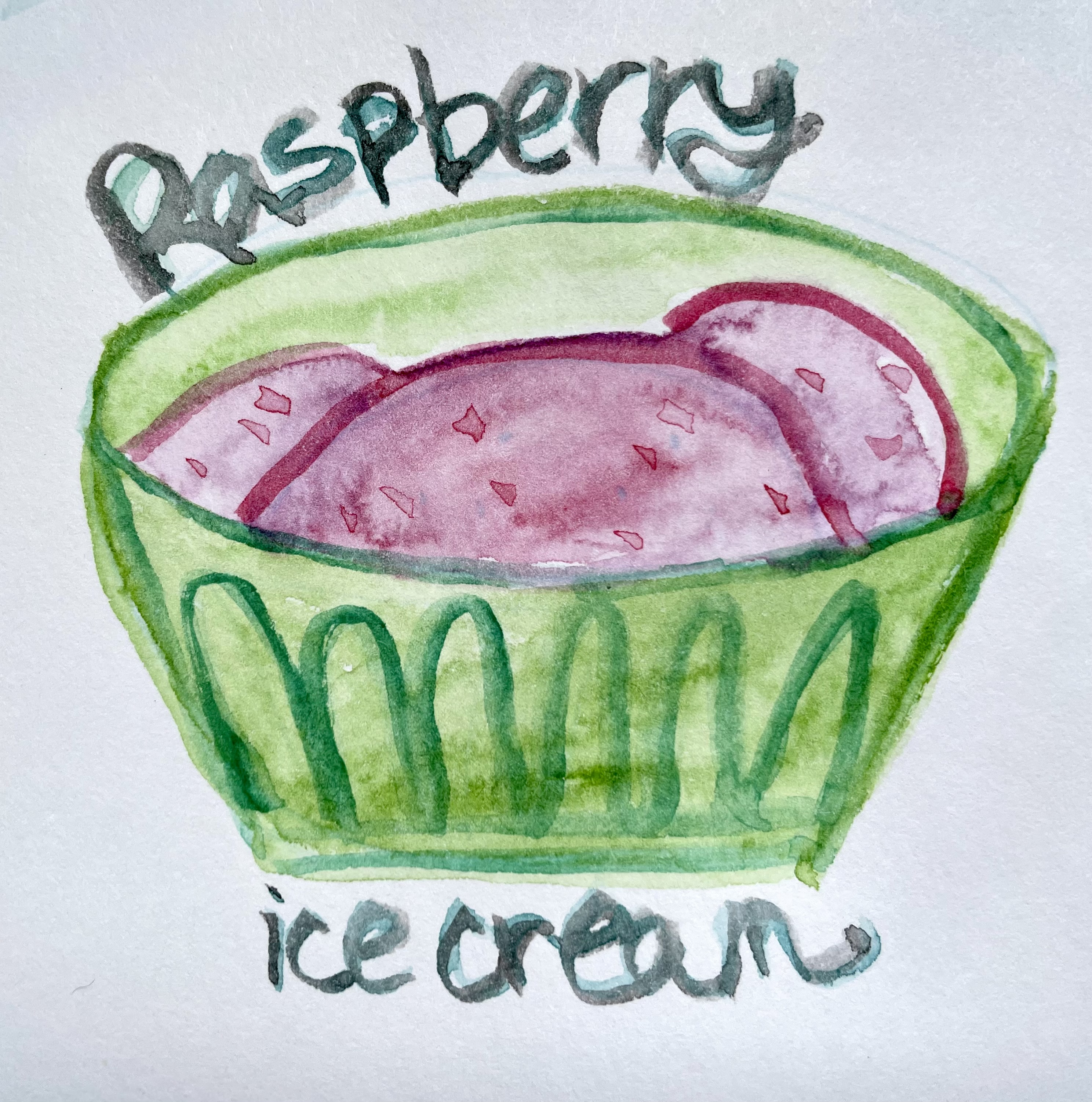Watercolor illustration of a green bowl with three scoops of pink (raspberry) ice cream. At the top it says 'Raspberry' and below the bowl it says 'ice cream.'