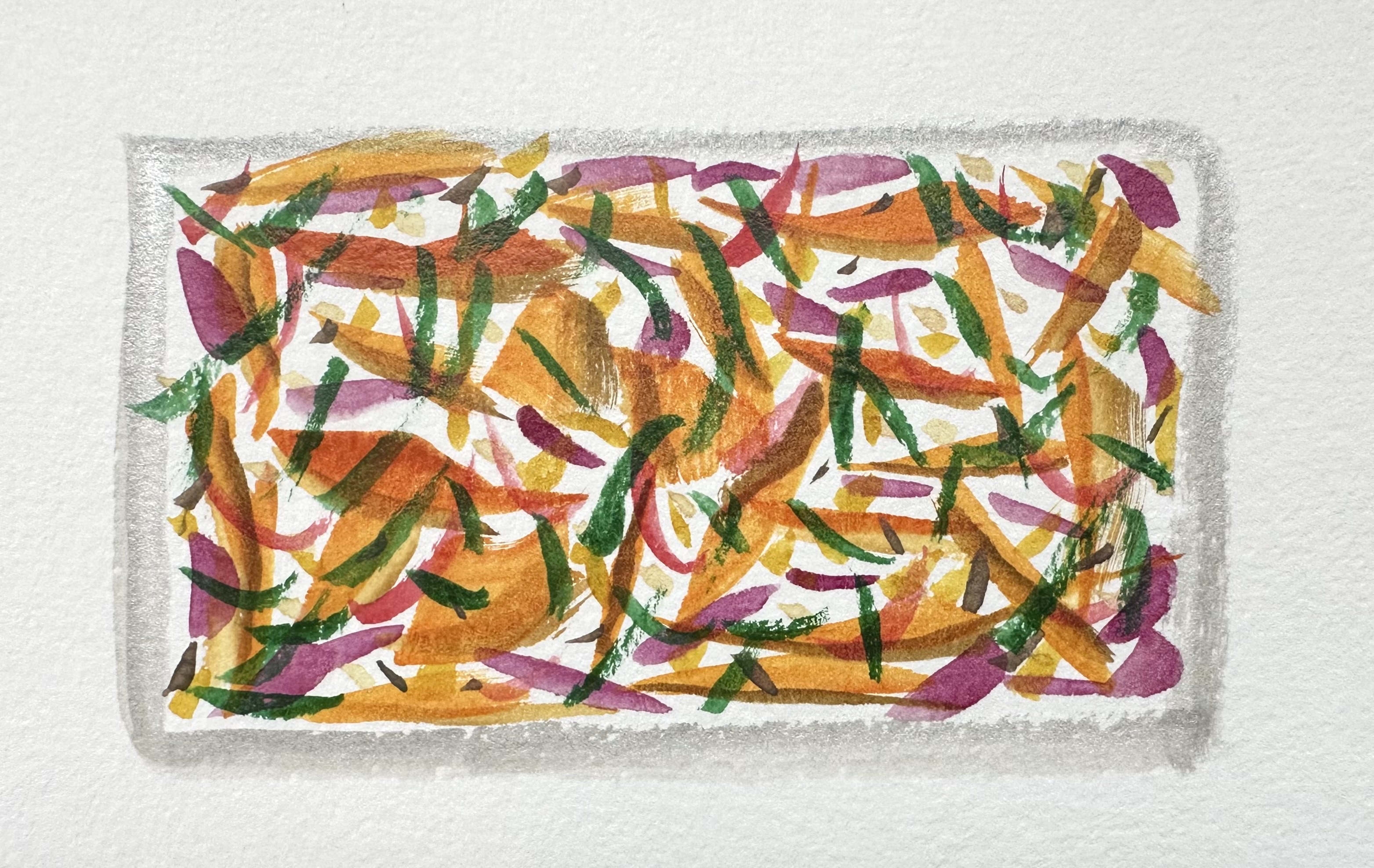 A watercolor illustration of the recipe. Looking from above, it's a silver rectangular pan with lots of colors in it representing the elements of the salad.