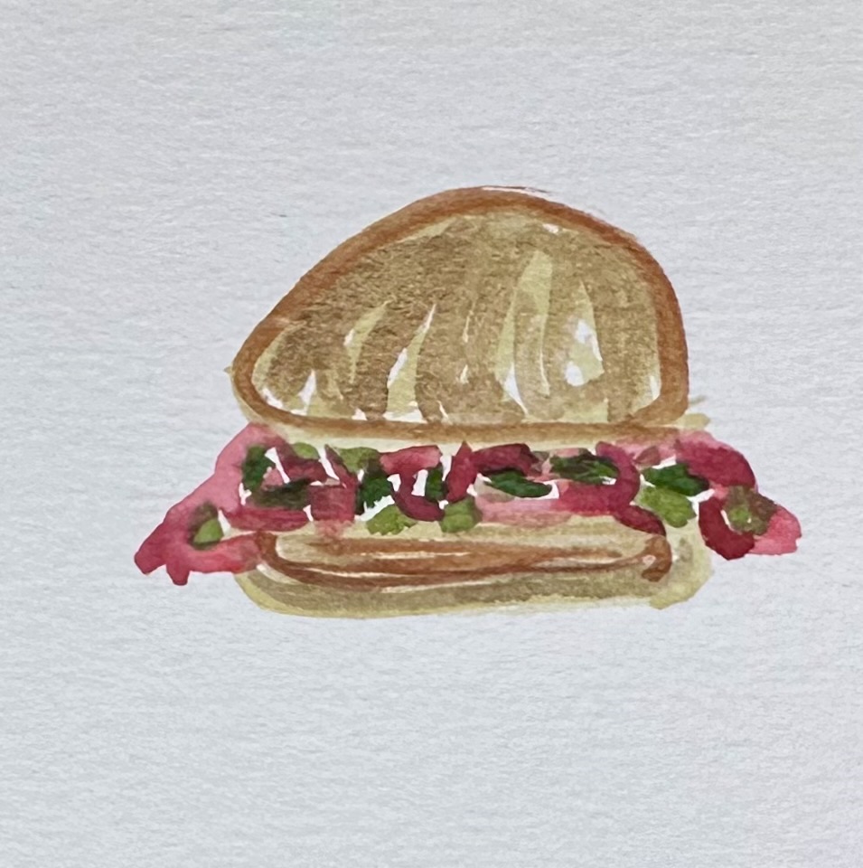 A watercolor illustraton of sloppy lentils - a bun with some red and green stuff spilling out the sides.
