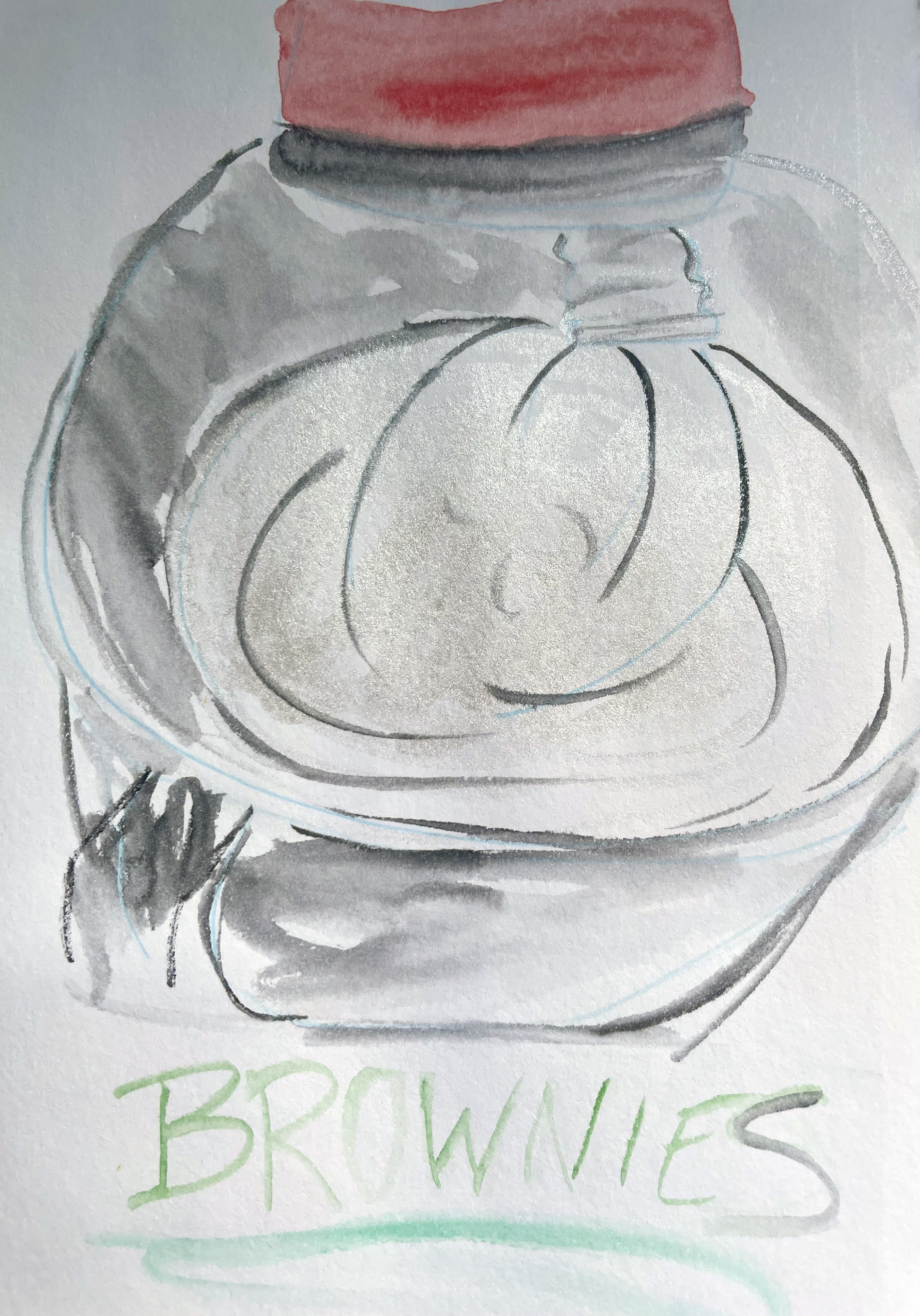 A watercolor illustration looking into a red stand mixer bowl as it mixes the sugar and eggs. A shiny white paint was used for the mix. At the bottom "BROWNIES" are written in green and underlined.