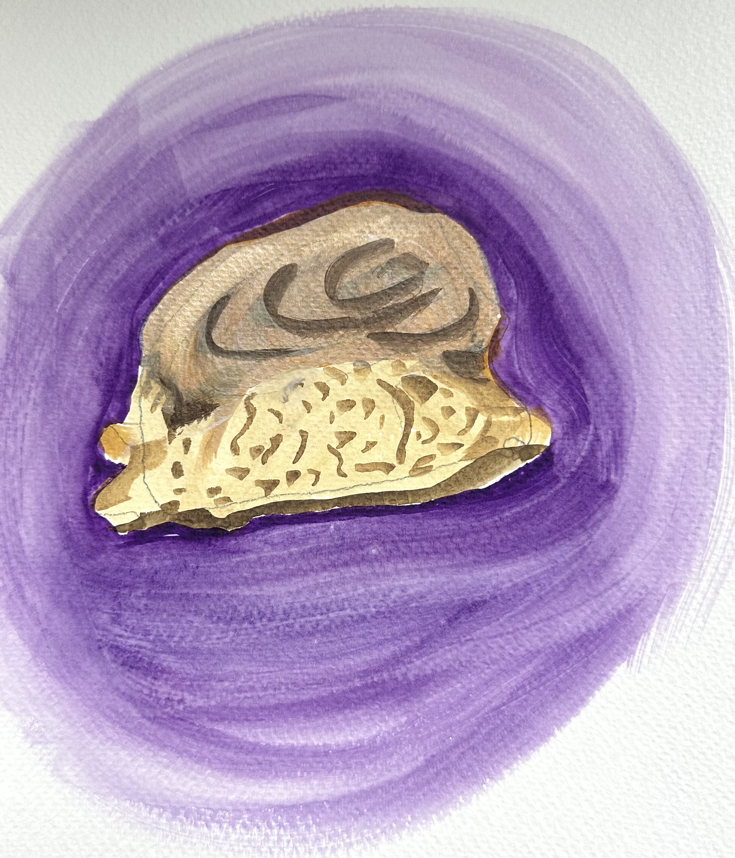 A watercolor illustration of a cinnamon roll from the side with a view of the top swirl. It's surrounded by a purple circle background.