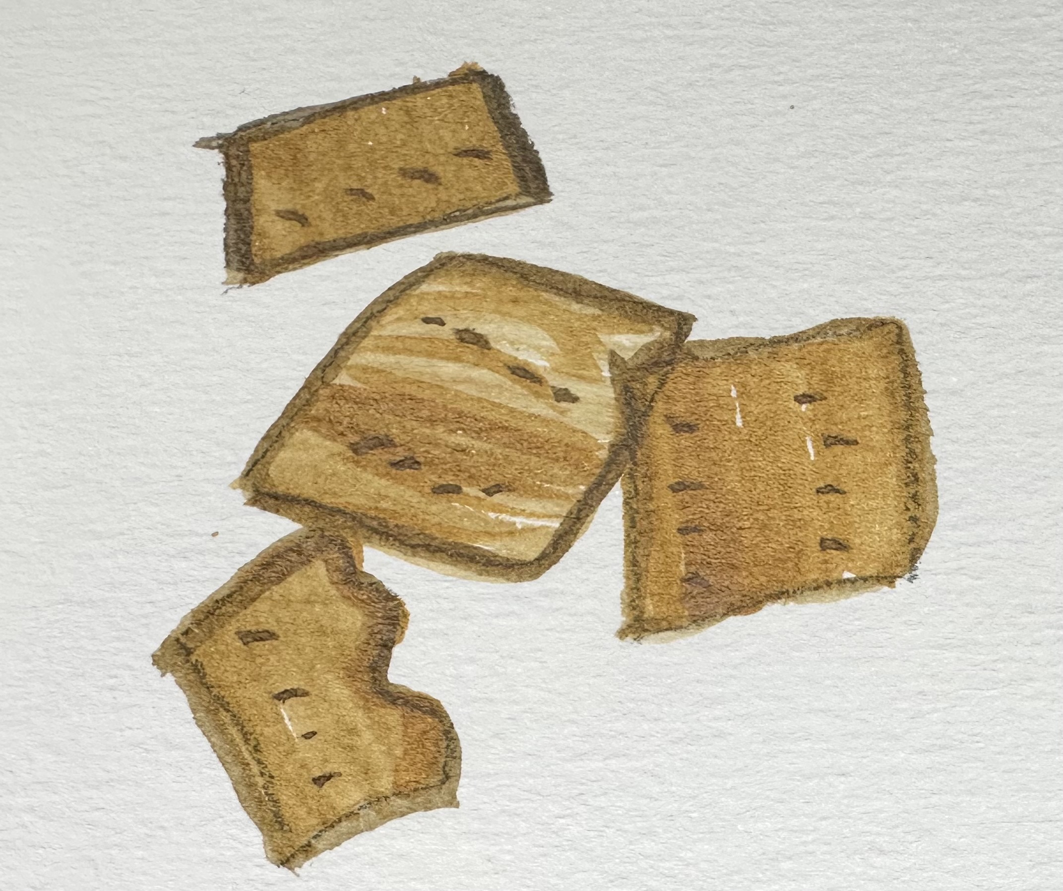 A watercolor illustration of four crackers of varying sizes, arranged like they were dumped on a table or something (no distinct pattern, some overlapping).