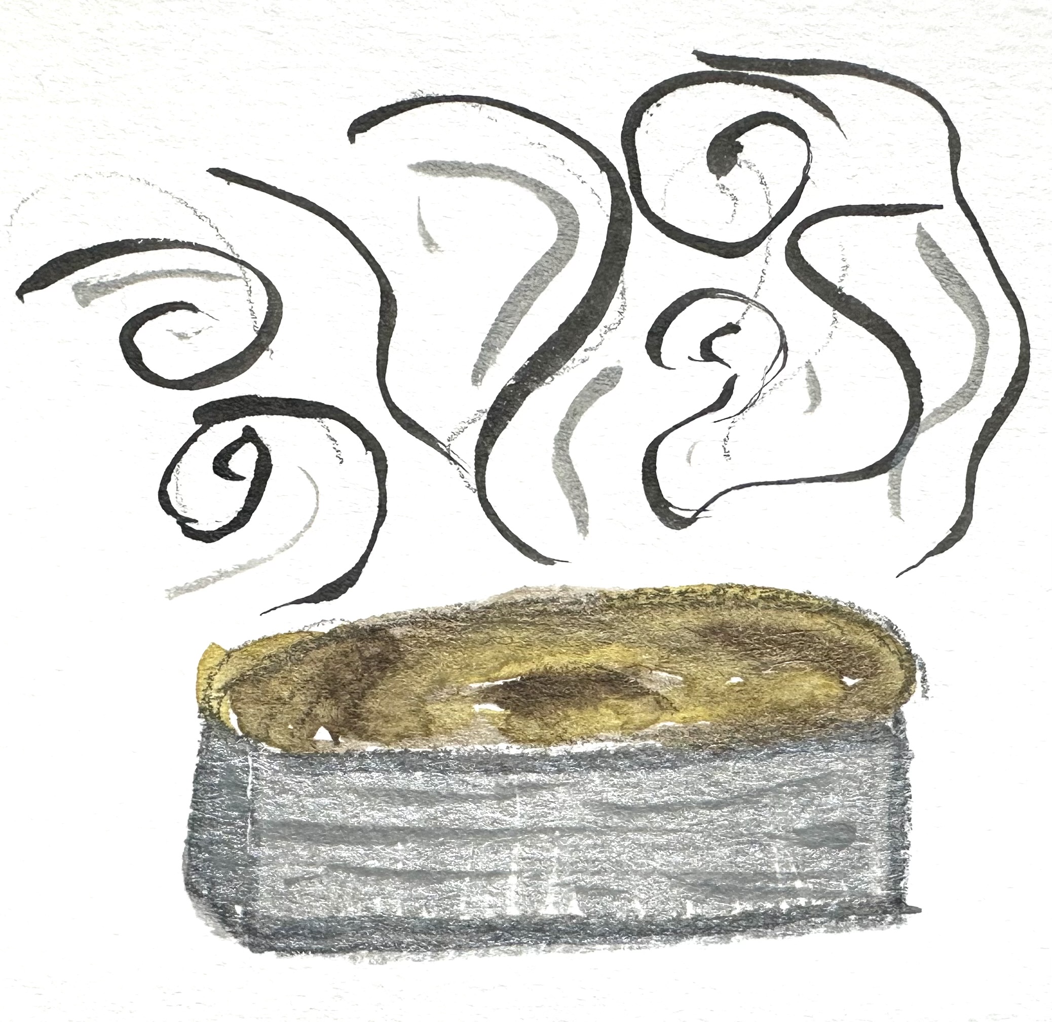 A watercolor illustration of a loaf of bread still in a silver bread pan. There are dramatic swirls of heat above it, suggesting it's fresh out of the oven.