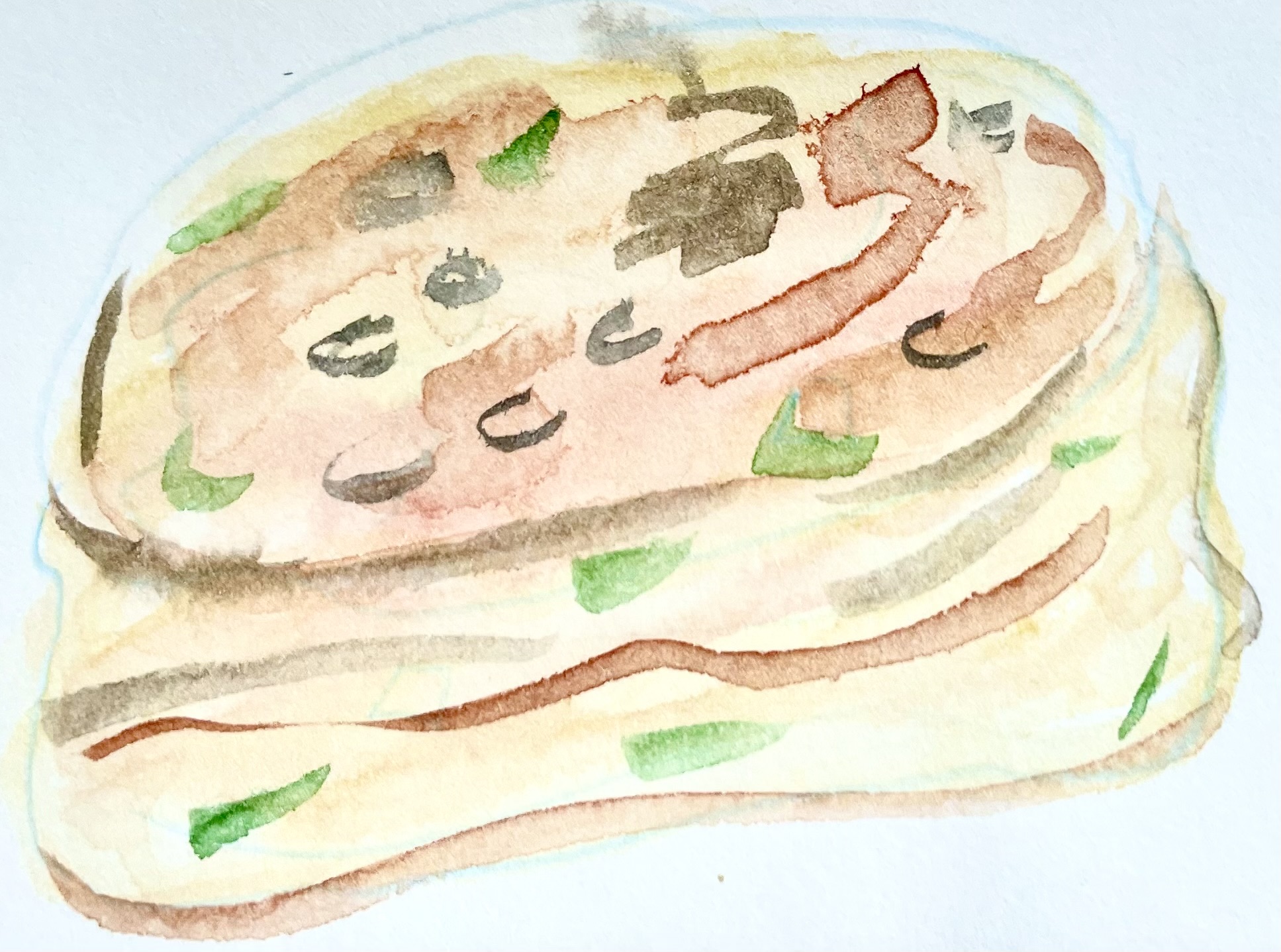 A watercolor illustration of a spicy biscuit. It has little flecks of green in it and browning on top. There are little black circles on top to represent the sesame seeds. 'Spicy biscuits' is written to the right.