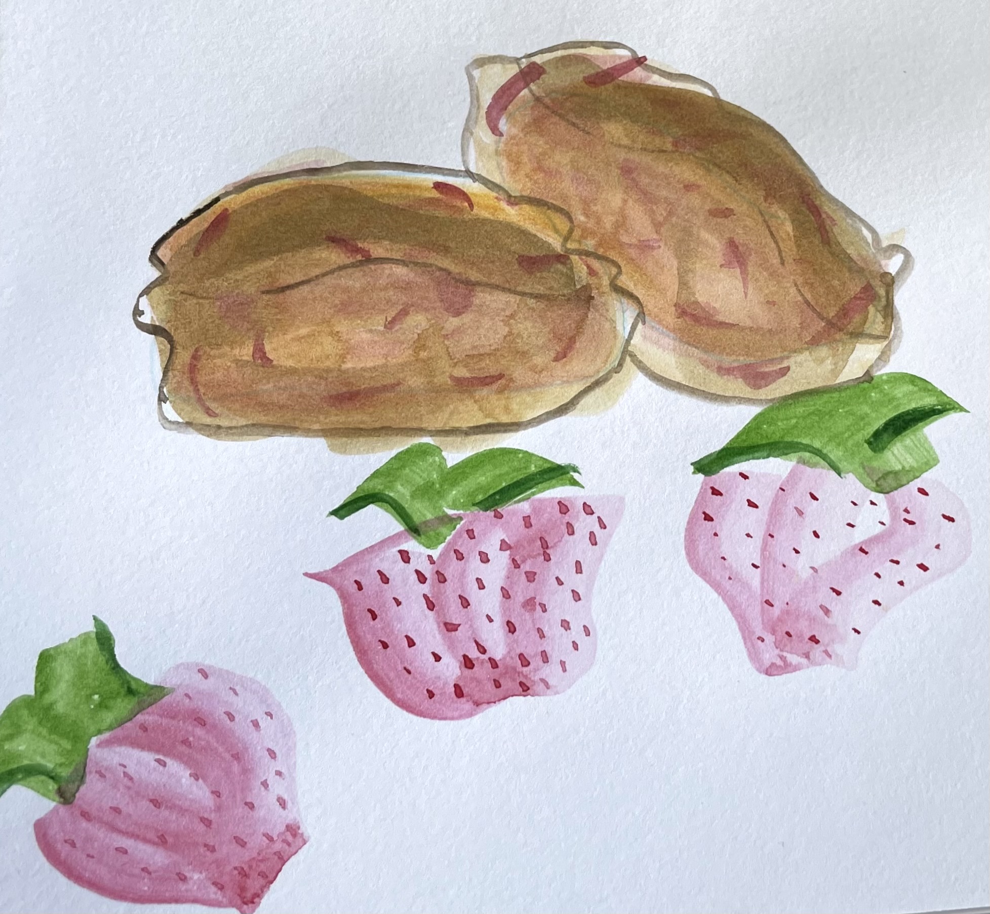 A watercolor illustration of two scones, one leaning to the right of the other. You can see little red specks in the scones. Below there are three random stawberries.