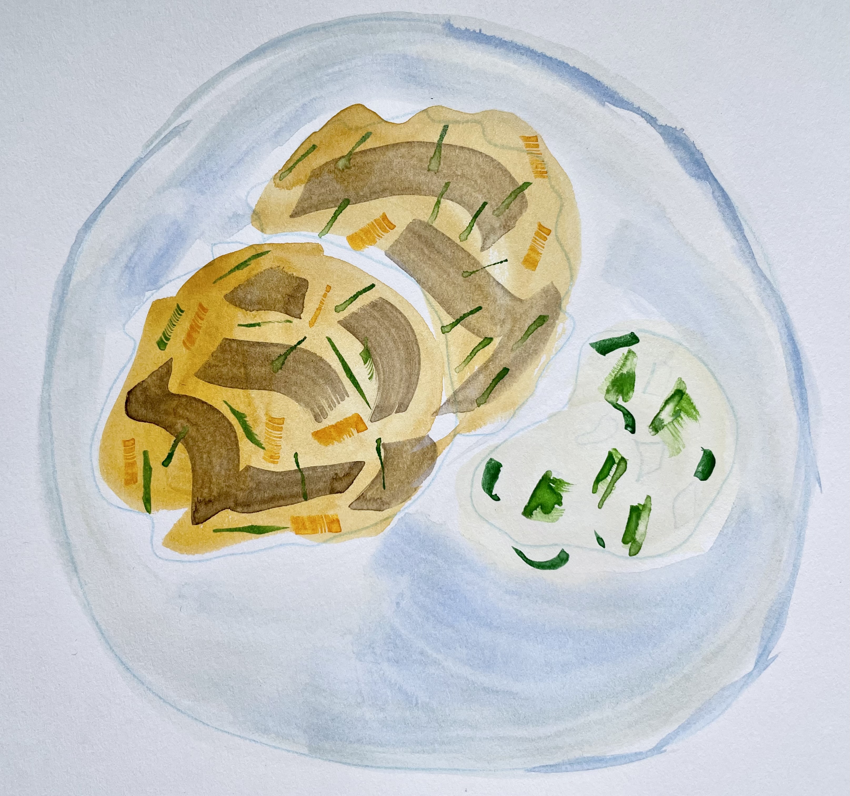 A watercolor illustration of a light blue plate of two fritters with a blob of tzatziki beside them. The fritters have brown on it to illustrate the sear and you can see little lines for the carrots and zucchini. The tatziki has green bits in it to show the cucumber and mint.