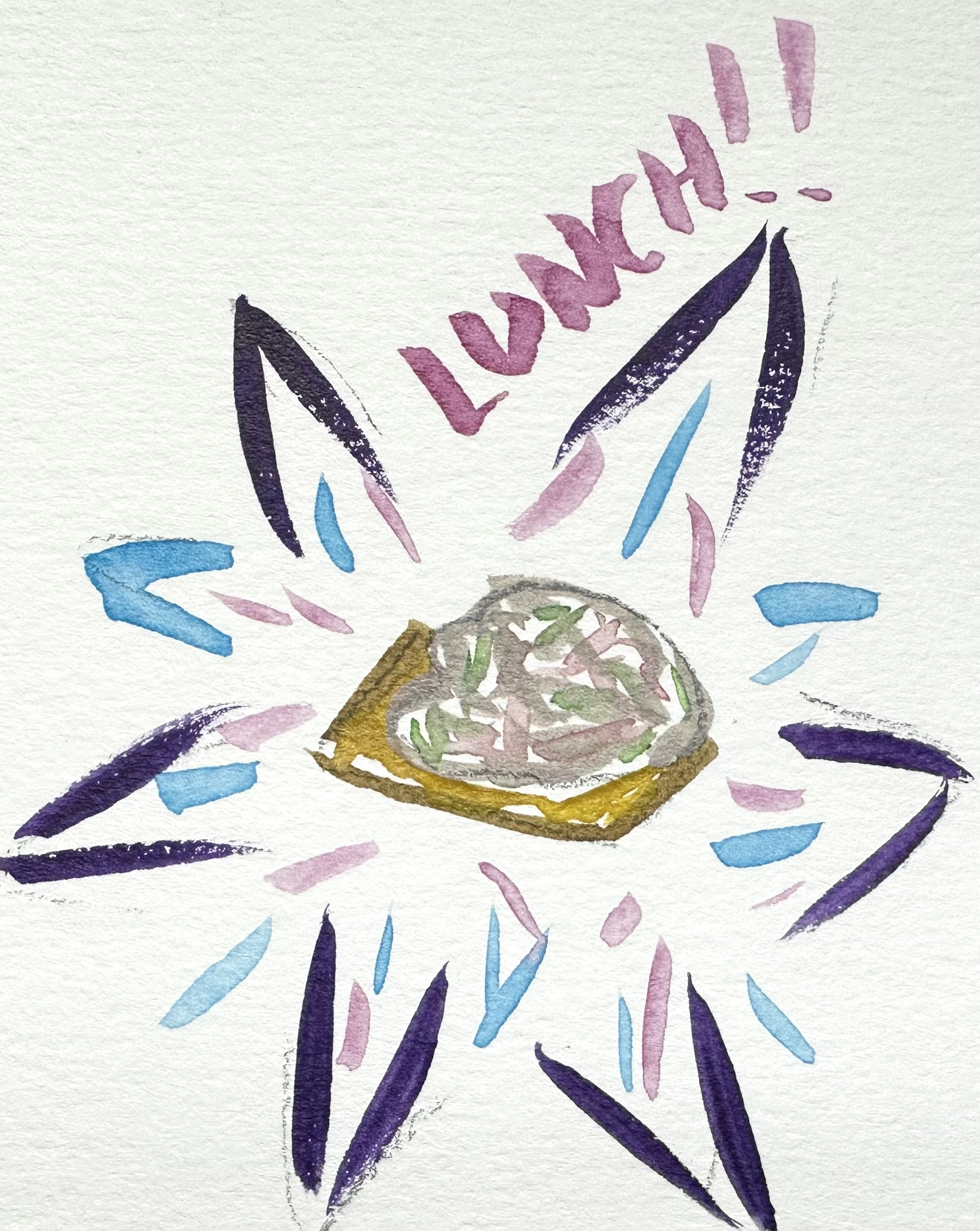 A watercolor illustration of a dollop of tuna salad on a cracker. There are lines, emphasizing the small food, around it in pink, blue, and purple. Above, it says "LUNCH!!"