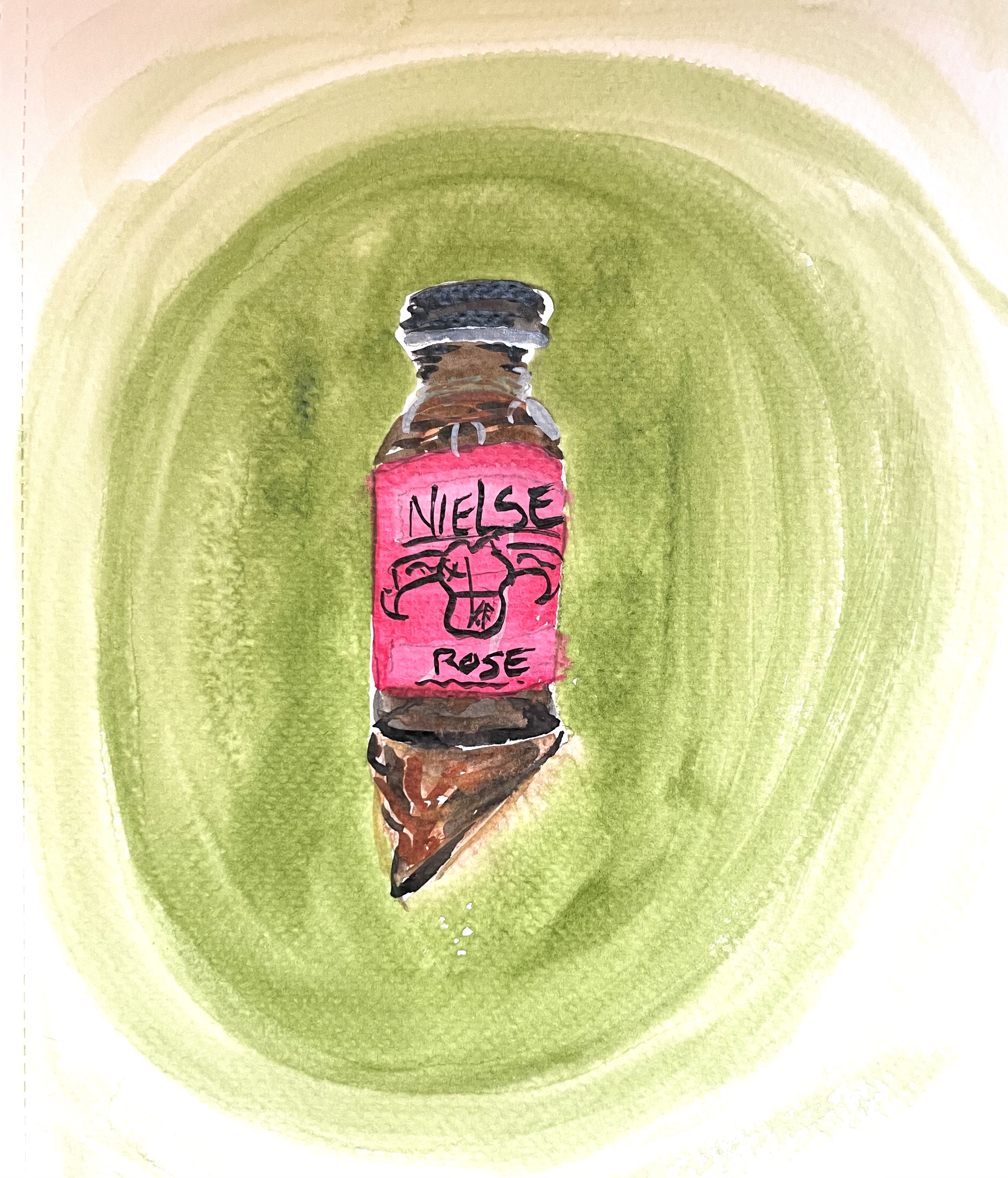 A watercolor illustration of a bottle of rose water surrounded by a light green circle. The bottle is brown with a bright pink label. It says "NIELSE" at the top, has a weird illustration sort of like a shield and a banner below, and it says "ROSE" at the bottom. The bottle is casting a light shadow in front of it.