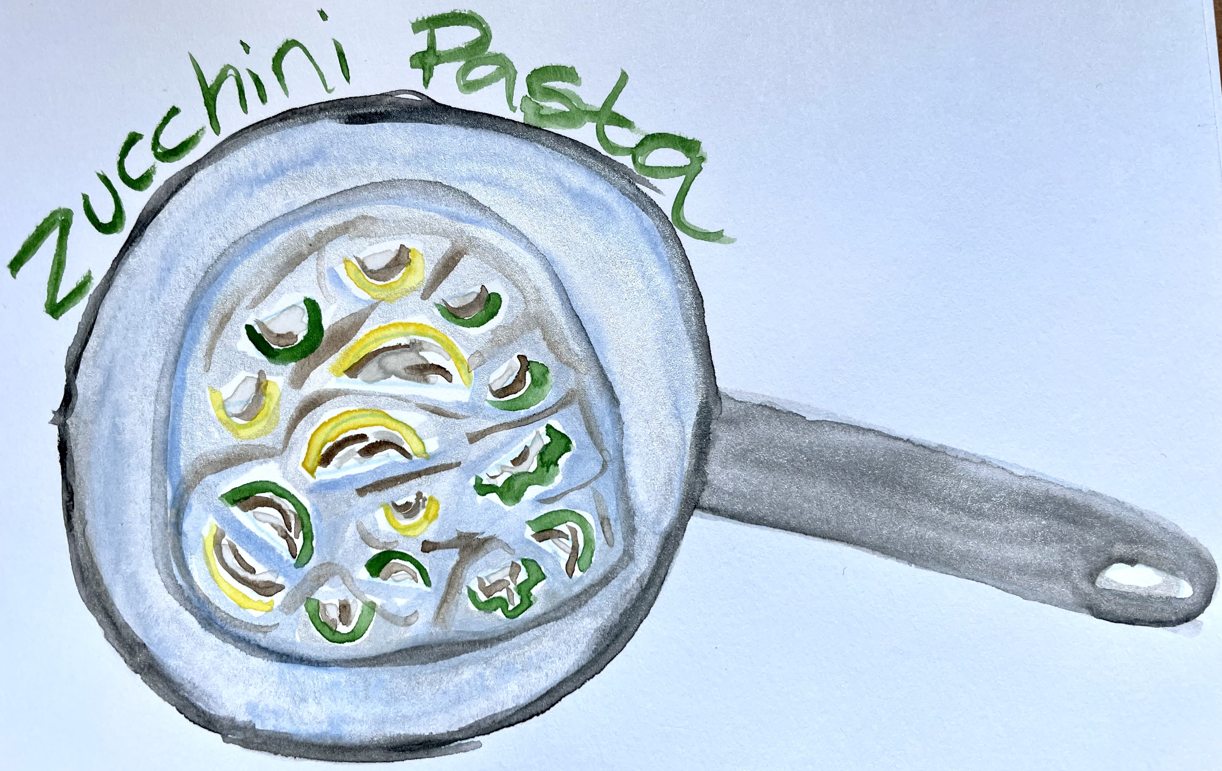 A watercolor illustration of a frying pan of zucchini slices getting browned from above. It says 'zucchini pasta' above the illustration.