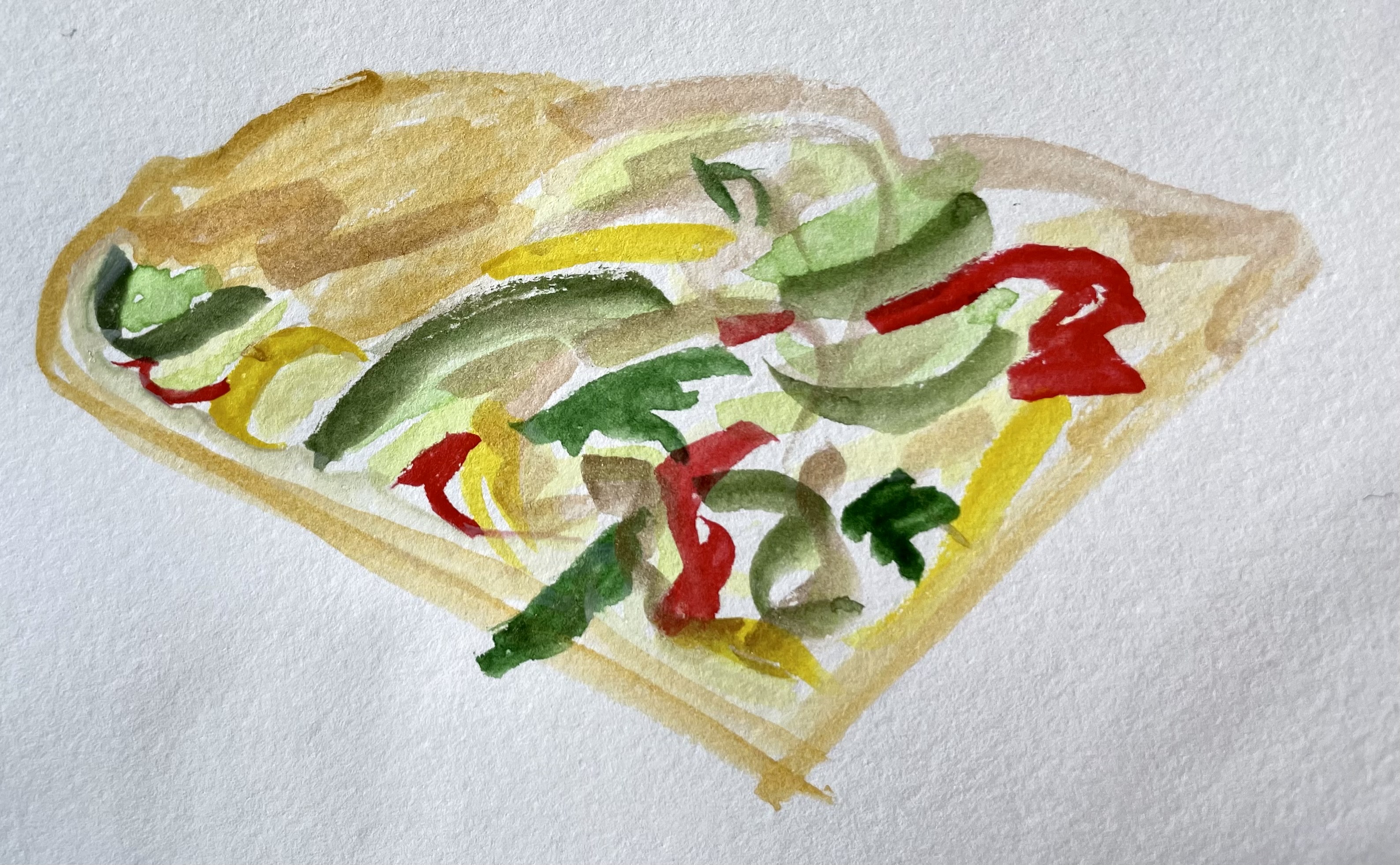 A watercolor illustration of a triangular slice of the zucchini tart. You can tell some of the crust folds over the top. There are abstract bits of zucchini slices, yellow squash slices, and tomato slices on top.
